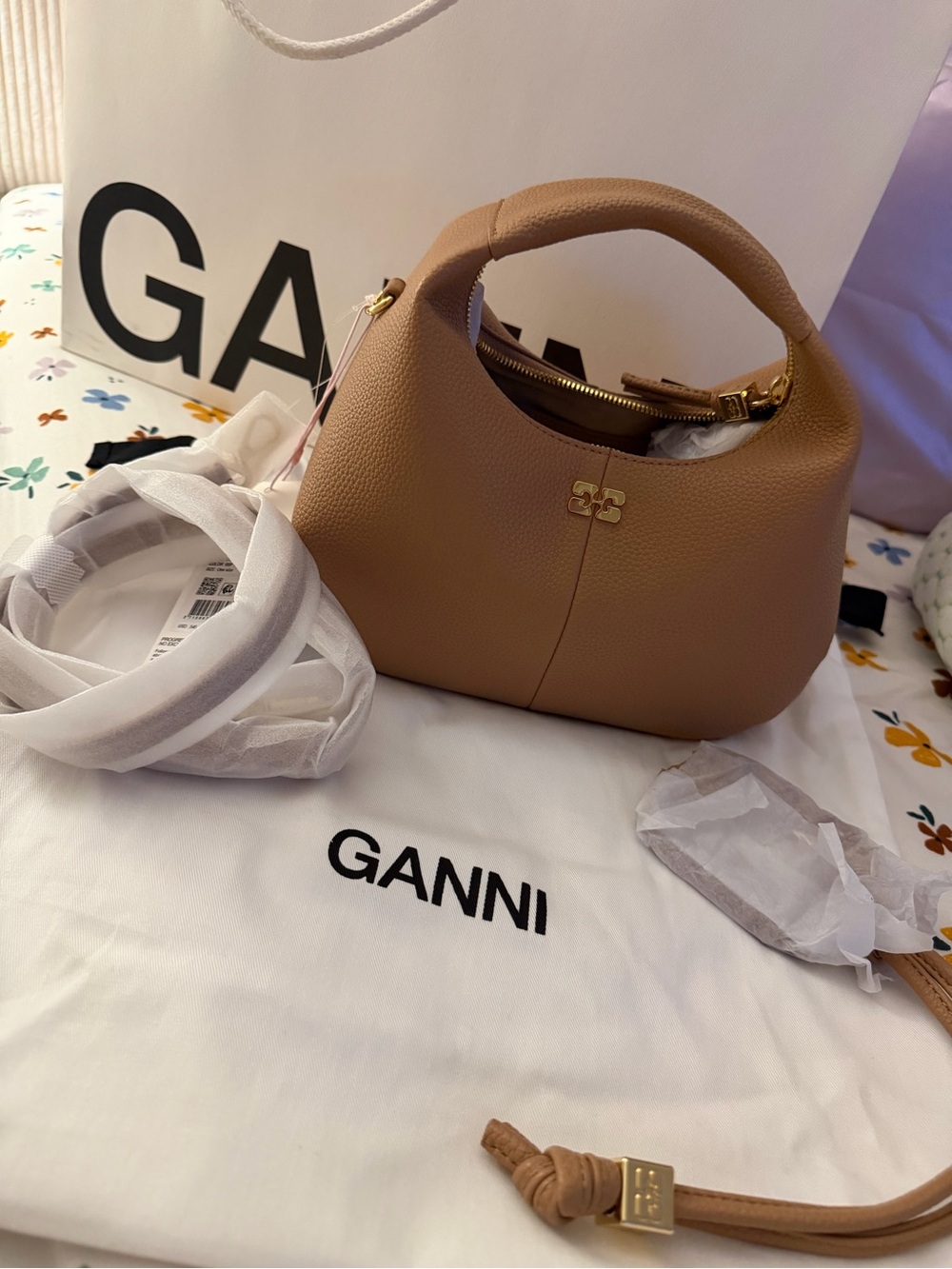 Ganni Tan Pebble Leather Top-Handle Shoulder Bag with Gold Hardware